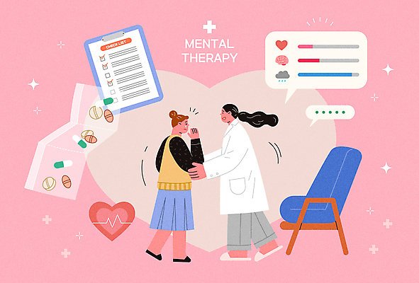 전신 여자 분홍색 의자 일러스트 병원 서기 성인 두명 알약 하트 불안 먹구름 뇌 검사_조사 서류판 심전도 우울증 정신과의사 성인여자만 심리상담 정신상담 국내일러스트 AI파일 모양 감정 컬러 가구 의학 모션 사람 치료 약 사무용품 의사 질병 상담 여자만 성인만 파일형식 벡터 구름_자연