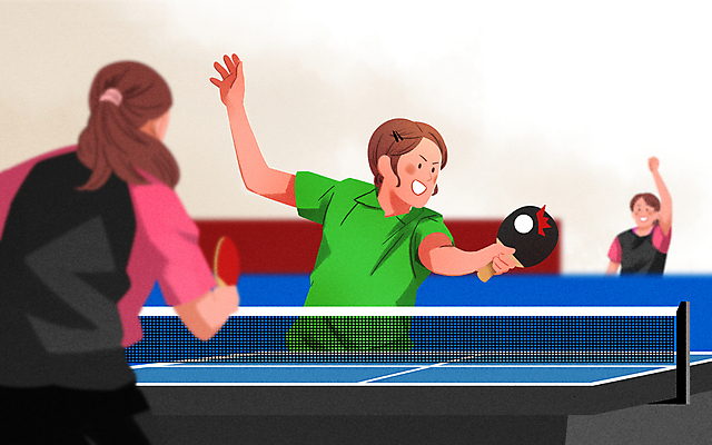 PSD 여자 일러스트 응원 들기 경기 상반신 성인 세명 손들기 탁구채 탁구 탁구공 탁구선수 탁구대 리시브 성인여자만 국내일러스트 스포츠 공 모션 운동선수 사람 구기 라켓 탁구용품 여자만 성인만 파일형식