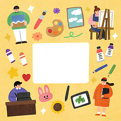 전신 PSD 구름 여자 남자 꽃 별 의자 일러스트 해바라기 색연필 프레임 서기 들기 앉기 여러명 상반신 성인 취미 태블릿 노란색 물감 모임 하트 토끼 붓 팔레트 이젤 그림 크레파스 캔버스 스프링노트 프레임일러스트 성인만 태블릿펜 카피스페이스 원데이클래스 국내일러스트 자연요소 모양 식물 컬러 가구 다수 포유류 모션 학용품 사람 전자제품 스마트기기 반려동물 펜 공책 공백 미술도구 클래스 파일형식