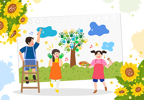 전신 여자 남자 꽃 어린이 일러스트 사다리 해바라기 손바닥 미술 서기 미소 웃음 들기 소녀 소년 세명 손들기 앞치마 페인트 물감 붓 그리기 팔레트 스케치북 즐거움 그림 손바닥찍기 어린이만 언스쿨링 국내일러스트 AI파일 식물 손 교육 감정 모션 문화예술 학용품 표정 사람 미술도구 도구 파일형식 벡터