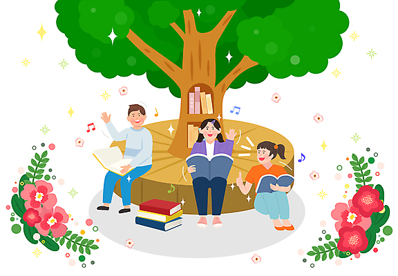 전신 나무 응시 여자 남자 꽃 어린이 일러스트 미소 웃음 앉기 소녀 소년 책 세명 독서 쌓기 도서관 즐거움 손인사 어린이만 언스쿨링 국내일러스트 AI파일 식물 시선 교육 감정 모션 표정 사람 인사 파일형식 벡터