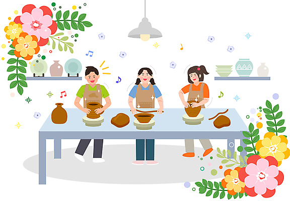 전신 여자 남자 꽃 어린이 일러스트 서기 미소 웃음 들기 소녀 소년 세명 앞치마 도자기 도자기공예 즐거움 도자기물레 어린이만 도자기공방 언스쿨링 국내일러스트 AI파일 식물 교육 감정 모션 표정 사람 공예 물레 파일형식 벡터