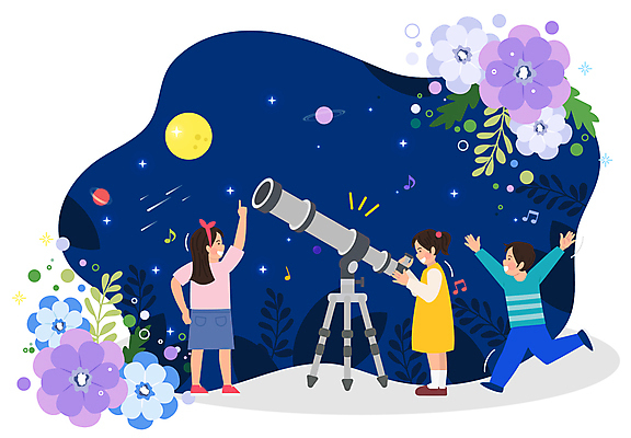 전신 응시 여자 남자 꽃 별 어린이 잎 일러스트 서기 미소 웃음 소녀 소년 세명 만세 행성 달 가리킴 관찰 유성 남색 즐거움 천체망원경 천체관측 어린이만 언스쿨링 국내일러스트 AI파일 자연요소 식물 시선 교육 감정 컬러 모션 표정 사람 손짓 우주 망원경 관측 파일형식 벡터
