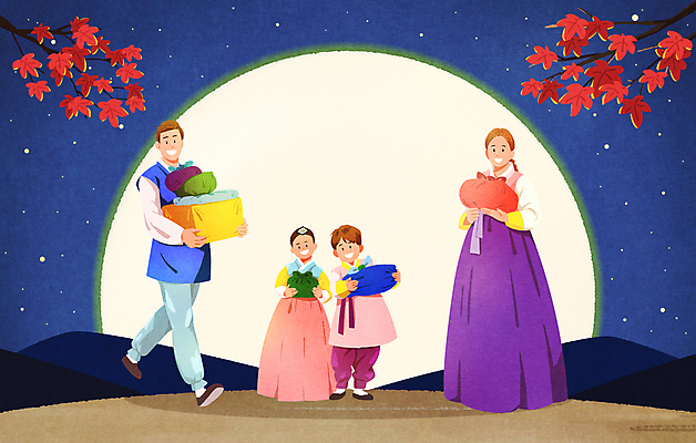 전신 PSD 여자 남자 딸 아들 어린이 단풍 일러스트 단풍나무 엄마 서기 들기 소녀 소년 여러명 성인 추석 보름달 보자기 아빠 한복 남색 보따리 추석선물 명절선물 국내일러스트 나무 한국전통 명절 컬러 다수 잎 가족 모션 선물 사람 달 전통의상 파일형식 천_직물