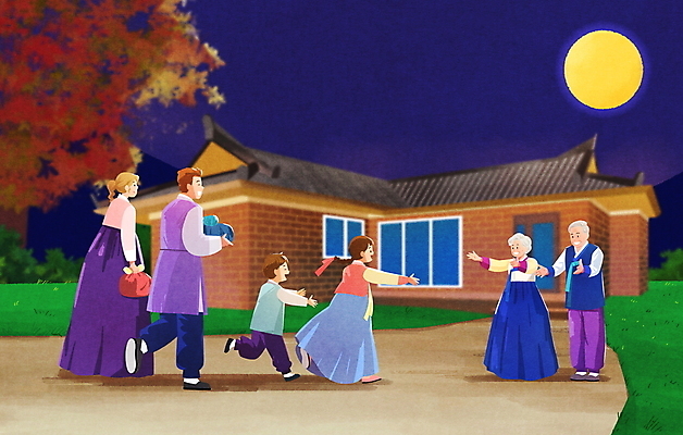 전신 PSD 여자 명절 할아버지 노년 남자 딸 아들 할머니 어린이 일러스트 엄마 팔벌리기 대가족 서기 들기 소녀 소년 여러명 성인 달리기 추석 보름달 보자기 아빠 한복 남색 손주 시골집 환영 추석선물 어린이만 명절선물 국내일러스트 한국전통 전통 기념일 컬러 다수 가족 모션 주택 선물 사람 달 전통의상 파일형식 천_직물