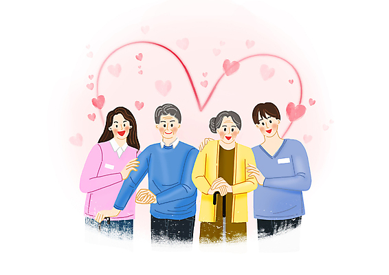 PSD 여자 노년 남자 분홍색 일러스트 지팡이 미소 여러명 상반신 성인 손잡기 하트 잡기 봉사 자원봉사자 간호 독거노인 돌봄 어깨에손 국내일러스트 모양 컬러 다수 모션 표정 사람 도움 파일형식