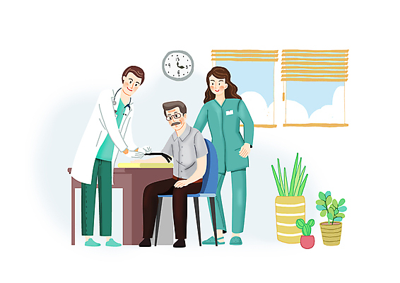 전신 PSD 여자 노년 남자 화분 시계 의자 일러스트 창문 병원 서기 앉기 성인 세명 간호사 의사 봉사 블라인드 혈압계 독거노인 혈압측정 국내일러스트 가구 의학 의료기기 모션 사람 의료진 도움 커튼 측정 혈압 파일형식