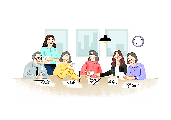 PSD 손글씨 여자 노년 남자 종이 시계 일러스트 캘리그라피 창문 수업 조명 들기 여러명 상반신 성인 컵 펜 교사 붓 봉사 독거노인 화기애애 국내일러스트 직업 식기 교육 다수 컨셉 모션 사람 필기구 도움 파일형식