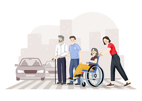 전신 PSD 여자 노년 남자 이동 일러스트 자동차 지팡이 들기 앉기 여러명 성인 걷기 봉사 횡단보도 자원봉사자 승차 휠체어 동행 건너기 길건너기 독거노인 부축 국내일러스트 육상교통 다수 컨셉 모션 사람 도움 보행로 파일형식