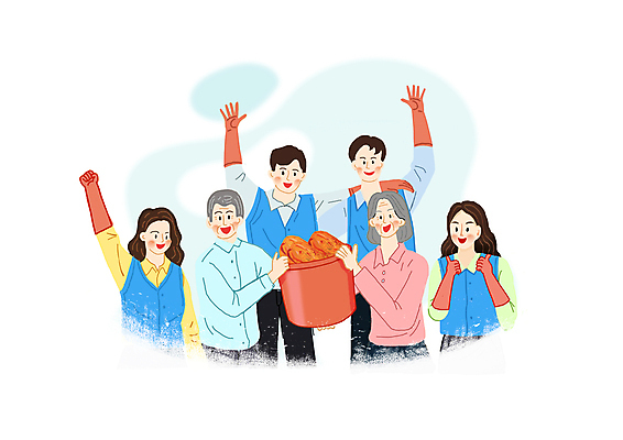 PSD 여자 노년 남자 하늘색 일러스트 어깨동무 김치 들기 여러명 상반신 성인 손들기 파이팅 주먹 만세 최고 봉사 자원봉사자 고무장갑 김장 대야 나눔 독거노인 국내일러스트 한식 포즈 장갑 다수 모션 사람 파란색 도움 고무 파일형식