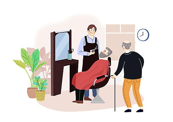 전신 PSD 노년 남자 화분 의자 일러스트 지팡이 서기 들기 앉기 성인 세명 거울 봉사 미용사 이발 이발소 독거노인 무료이발 미용가위 이발사 남자만 국내일러스트 직업 가구 모션 가위_도구 사람 미용용품 도움 뷰티샵 파일형식