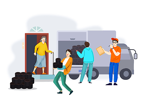 전신 PSD 여자 노년 남자 일러스트 지팡이 서기 들기 여러명 성인 펜 문 트럭 봉사 운반 자원봉사자 연탄 독거노인 서류판 연탄배달 국내일러스트 다수 모션 자동차 사람 필기구 사무용품 도움 배송 파일형식