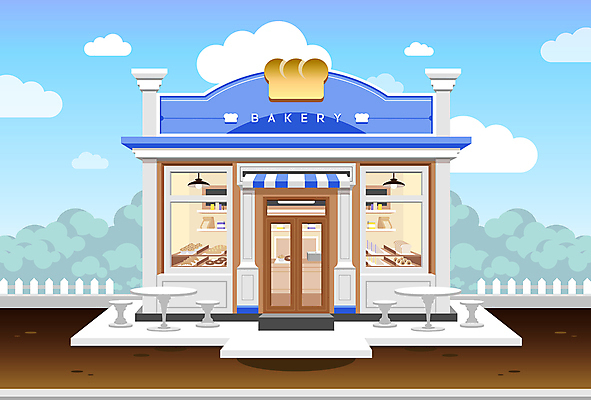 구름 빵 의자 일러스트 창문 탁자 간판 샌드위치 사람없음 건물 파란색 울타리 빵집 도넛 바게트 식빵 머핀 유럽풍 국내일러스트 AI파일 자연요소 건축물 음식 컬러 가구 디저트 담장 상점 파일형식 벡터