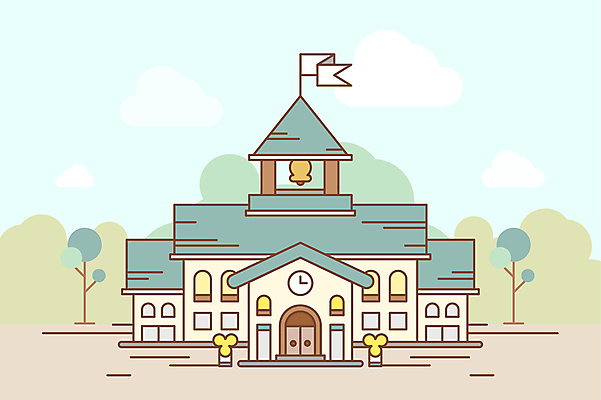 나무 구름 꽃 시계 일러스트 창문 학교 사람없음 초록색 종 깃발 심플 화단 국내일러스트 AI파일 자연요소 식물 교육 컬러 파일형식 벡터