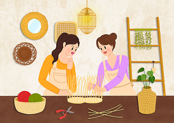 전신 PSD 여자 일러스트 사다리 조명 가위 상반신 성인 취미 두명 손들기 강사 앞치마 거울 잡기 작업실 실타래 베이지색 자기개발 성인여자만 라탄접시 라탄바구니 원데이클래스 수강 라탄공예 라탄환심 국내일러스트 직업 접시 교육 컬러 재료 모션 문구용품 사람 바구니 도구 공예 클래스 여자만 성인만 파일형식