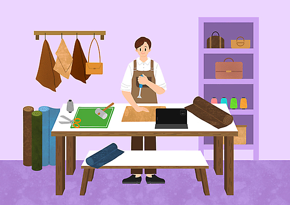 전신 PSD 남자 의자 일러스트 탁자 가위 한명 서기 들기 성인 취미 보라색 앞치마 공구 작업실 실 칼 망치 가죽 가죽가방 가죽공예 자기개발 작업대 성인남자한명만 가죽공방 원데이클래스 국내일러스트 1 컬러 가구 가방 모션 문구용품 사람 도구 공예 클래스 남자한명만 성인남자만 파일형식