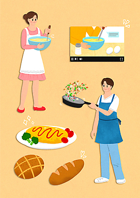 전신 PSD 여자 남자 빵 일러스트 요리 서기 들기 상반신 성인 취미 세명 노란색 계란 앞치마 프라이팬 제빵 오믈렛 동영상창 자기개발 믹싱볼 쿠킹클래스 성인만 원데이클래스 국내일러스트 그릇 음식 컬러 모션 주방용품 사람 제과제빵 알 계란요리 동영상 클래스 파일형식