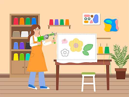 전신 여자 의자 일러스트 선반 한명 서기 미소 들기 성인 취미 앞치마 작업실 털실 실 책상 캔버스 실타래 베이지색 자기개발 성인여자한명만 원데이클래스 터프팅 터프팅건 국내일러스트 AI파일 1 컬러 가구 모션 표정 사람 공예 클래스 여자한명만 성인여자만 파일형식 벡터 공예도구