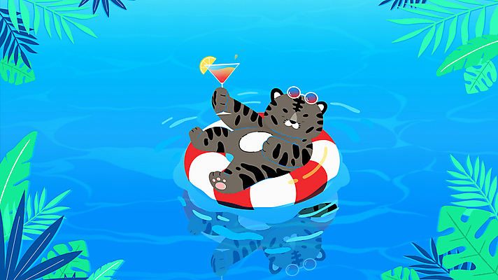 한마리 여행 모션 물놀이 수영장 들기 사람없음 물 여름 파란색 여름휴가 바캉스 선글라스 반사 호랑이 떠있는 칵테일잔 호랑이캐릭터 영상 튜브 동영상 열대잎 트로피컬아트 흑호 모션그래픽 MP4 MOV 자연요소 1 계절 안경 컬러 동물캐릭터 잎 술잔 포유류 놀이 휴가 그림 파일형식 여름_계절