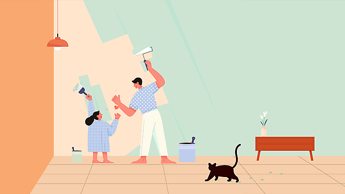 전신 한마리 딸 어린이 가족 모션 조명 서기 들기 소녀 성인 두명 인테리어 손들기 마주보기 꽃병 주황색 고양이 페인트 하트 페인트칠 아빠 발자국 서랍장 페인트통 페인트붓 영상 동영상 페인트롤러 민트색 부녀 셀프인테리어 반려묘 모션그래픽 MP4 MOV 모양 1 디자인 여자 꽃 컬러 가구 포유류 관계 자국 페인팅 통 사람 반려동물 붓 파일형식