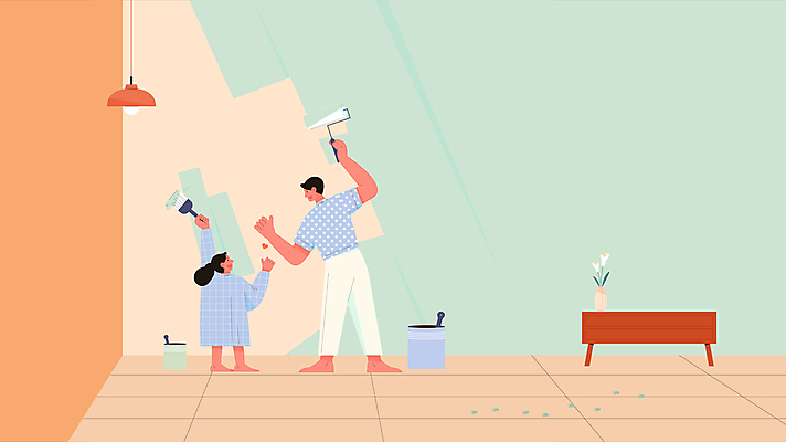 전신 딸 어린이 가족 모션 조명 서기 들기 소녀 성인 두명 인테리어 손들기 마주보기 꽃병 주황색 페인트 하트 페인트칠 아빠 발자국 서랍장 페인트통 페인트붓 영상 동영상 페인트롤러 민트색 부녀 셀프인테리어 모션그래픽 MP4 MOV 모양 디자인 여자 꽃 컬러 가구 관계 자국 페인팅 통 사람 붓 파일형식