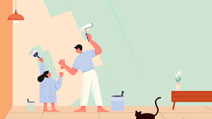 전신 한마리 딸 어린이 가족 모션 조명 서기 들기 소녀 성인 두명 인테리어 손들기 마주보기 꽃병 주황색 고양이 페인트 하트 페인트칠 아빠 서랍장 페인트통 페인트붓 영상 동영상 페인트롤러 민트색 부녀 셀프인테리어 반려묘 모션그래픽 MP4 MOV 모양 1 디자인 여자 꽃 컬러 가구 포유류 관계 페인팅 통 사람 반려동물 붓 파일형식