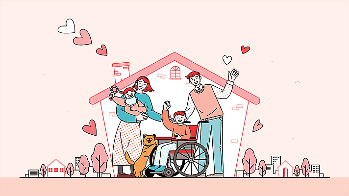 전신 구름 한마리 반려견 어린이 분홍색 가족 안기 모션 엄마 주택 서기 웃음 들기 앉기 소년 여러명 성인 건물 자녀 하트 아기 도시 아빠 장애인 휠체어 손인사 영상 딸랑이 동영상 손흔들기 지원 들어올리기 장애인복지 모션그래픽 MP4 MOV 자연요소 모양 1 건축물 남자 컬러 다수 관계 표정 사람 반려동물 아기용품 인사 개 복지 장애 파일형식