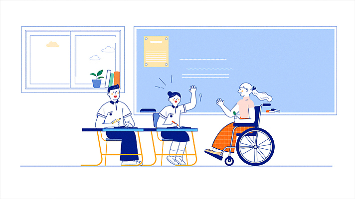 전신 학생 여자 남자 하늘색 의자 교실 학교 모션 청소년 수업 들기 앉기 성인 세명 연필 펜 손들기 교사 칠판 장애인 책상 휠체어 손인사 영상 동영상 장애인의날 장애인취업 모션그래픽 MP4 MOV 직업 교육 가구 비즈니스 학용품 사람 파란색 필기구 인사 장애 파일형식 법정기념일