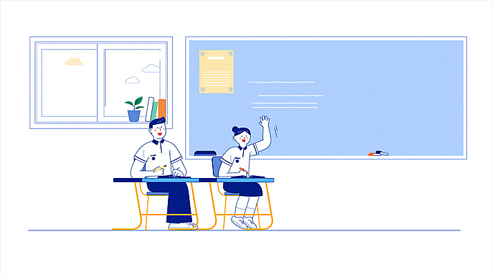 전신 학생 여자 남자 하늘색 의자 교실 학교 모션 청소년 수업 들기 앉기 두명 연필 펜 손들기 칠판 책상 손인사 영상 동영상 십대만 모션그래픽 MP4 MOV 교육 가구 학용품 사람 파란색 필기구 인사 파일형식