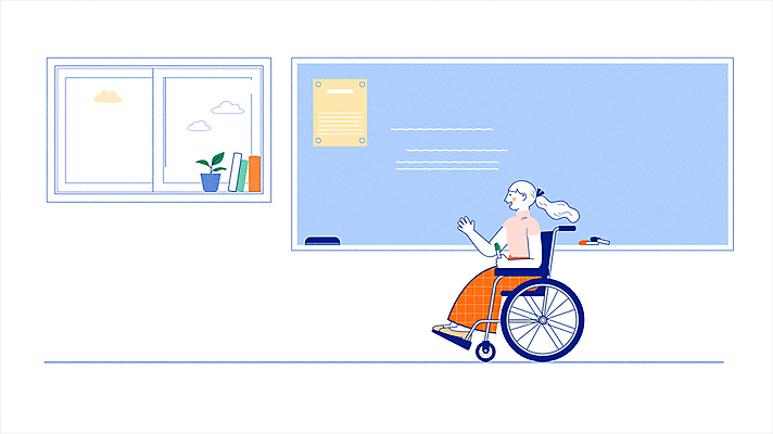 전신 여자 하늘색 교실 학교 모션 수업 한명 들기 앉기 성인 펜 손들기 교사 칠판 장애인 휠체어 손인사 영상 동영상 장애인의날 성인여자한명만 장애인취업 모션그래픽 MP4 MOV 직업 1 교육 비즈니스 사람 파란색 필기구 인사 장애 여자한명만 성인여자만 파일형식 법정기념일