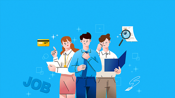 안경 모션 돋보기 넥타이 들기 상반신 성인 타이포그라피 세명 파란색 가리킴 잡기 직장인 비즈니스맨 비즈니스우먼 신용카드 문서 영상 동영상 사원증 구인구직 지원 성인만 모션그래픽 MP4 MOV 직업 문자 잡화 여자 남자 컬러 비즈니스 사람 손짓 금융 구직 구인 파일형식