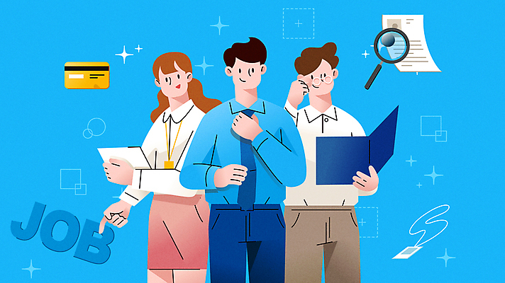 안경 모션 돋보기 넥타이 들기 상반신 성인 타이포그라피 세명 파란색 가리킴 잡기 직장인 비즈니스맨 비즈니스우먼 신용카드 문서 영상 동영상 사원증 구인구직 지원 성인만 모션그래픽 MP4 MOV 직업 문자 잡화 여자 남자 컬러 비즈니스 사람 손짓 금융 구직 구인 파일형식