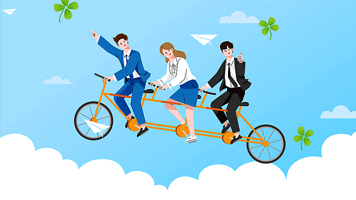 전신 구름 여자 남자 하늘색 비즈니스 모션 협력 성인 세명 손들기 가리킴 최고 직장인 비즈니스맨 비즈니스우먼 네잎클로버 승차 종이비행기 영상 동영상 성인만 사회초년생 3인용자전거 모션그래픽 MP4 MOV 자연요소 식물 직업 사람 손짓 파란색 자전거 클로버 종이접기 파일형식