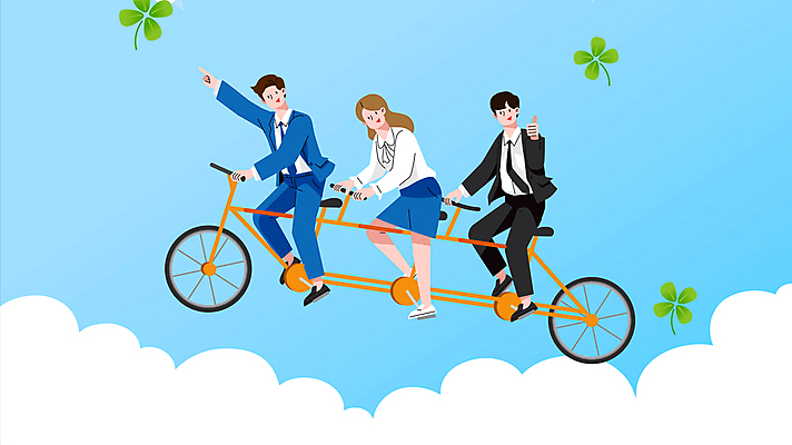 전신 구름 여자 남자 하늘색 비즈니스 모션 협력 성인 세명 손들기 가리킴 최고 직장인 비즈니스맨 비즈니스우먼 네잎클로버 승차 종이비행기 영상 동영상 성인만 사회초년생 3인용자전거 모션그래픽 MP4 MOV 자연요소 식물 직업 사람 손짓 파란색 자전거 클로버 종이접기 파일형식