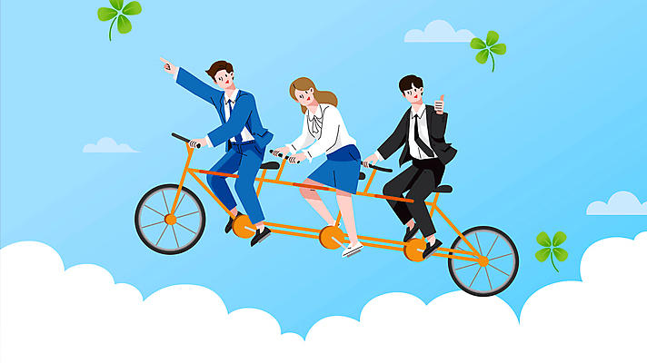 전신 구름 여자 남자 하늘색 비즈니스 모션 협력 성인 세명 손들기 가리킴 최고 직장인 비즈니스맨 비즈니스우먼 네잎클로버 승차 영상 동영상 성인만 사회초년생 3인용자전거 모션그래픽 MP4 MOV 자연요소 식물 직업 사람 손짓 파란색 자전거 클로버 파일형식