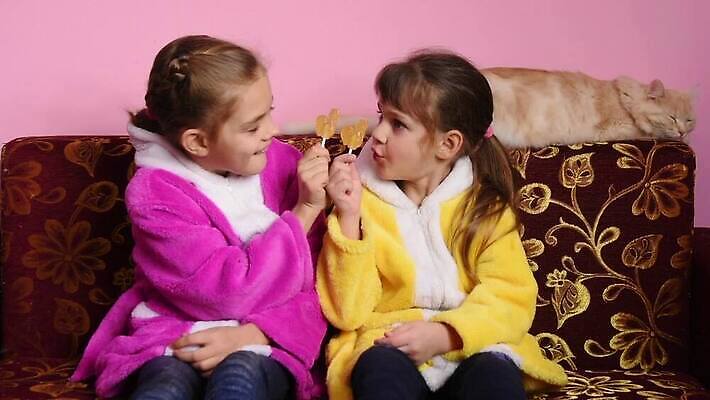 행복 어린이 2 함께함 사탕 앉기 사람없음 소파 고양이 기쁨 막대기 달콤 맛 핥기 빨다 설탕 자매 수탉 맛있는 MOV 해외동영상 클립영상 여자 감정 컨셉 의자 포유류 가족 모션 디저트 사람 반려동물 닭 수컷 동영상 파일형식