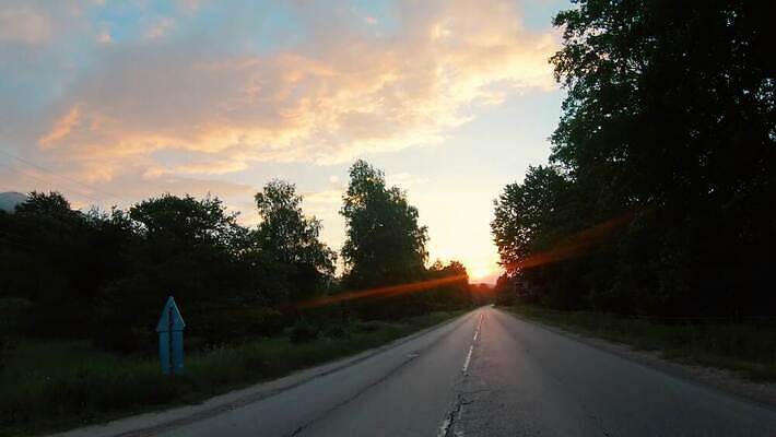 나무 도로 길 하늘 거리 사람없음 야외 태양 일몰 운전 4K MP4 해외동영상 클립영상 자연요소 식물 교통시설 모션 노을 동영상 파일형식
