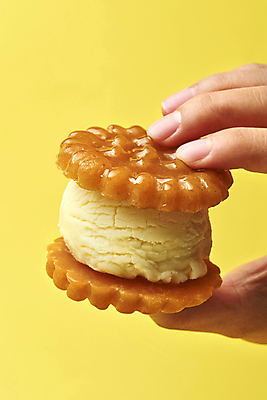 포토 JPG 스튜디오촬영 손 아이스크림 실내 들기 근접촬영 신체부위 달콤 약과 샌드 노란배경 전통다과 국내포토 뷰포인트 백그라운드 모션 디저트 사람 내부 노란색 전통음식 맛 다과 파일형식