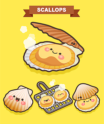 일러스트 사람없음 노란색 축제 그릴 특산물 가리비 특산물캐릭터 석쇠구이 조개구이 조개캐릭터 지역축제 대한민국축제 일러캐릭터 AI파일 캐릭터 컬러 주방용품 조개 구이 파일형식 벡터