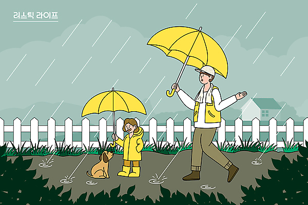 전신 모자 한마리 여자 남자 딸 어린이 일러스트 우산 장화 서기 들기 소녀 성인 두명 울타리 수건 손들기 회색 비 아빠 강아지 주머니손 우비 전원생활 부녀 국내일러스트 AI파일 자연요소 1 잡화 옷 컬러 신발 가족 모션 날씨 사람 생활 담장 반려동물 위생용품 개 파일형식 벡터