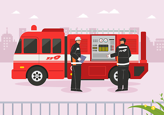 전신 PSD 구름 남자 분홍색 일러스트 서기 들기 성인 두명 울타리 손들기 안전모 소방관 소방 소방차 점검 서류판 소방기구 차량점검 성인남자만 국내일러스트 자연요소 컬러 모션 자동차 사람 담장 사무용품 기구 헬멧 안전장비 구조원 남자만 성인만 파일형식