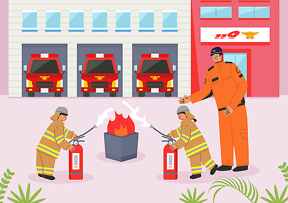 전신 PSD 여자 남자 어린이 분홍색 일러스트 불 서기 들기 소녀 소년 성인 세명 체험학습 소방관 소방 뿌리기 소화_소방 소방차 소화기 방화복 소방서 화재진압 방호복 소방교육 국내일러스트 자연요소 옷 교육 컬러 모션 자동차 사람 체험 안전장비 구조원 화재 진압 파일형식