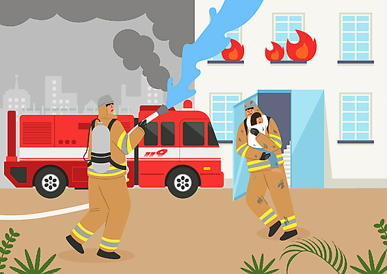 전신 PSD 여자 남자 어린이 일러스트 안기 불 아파트 소녀 성인 건물 세명 물 구출 연기 소방관 소방 화재 소방차 물뿌리기 소방호스 화재진압 들어올리기 방호복 국내일러스트 자연요소 건축물 옷 모션 자동차 주택 사람 도움 구조원 사건 호스 진압 파일형식