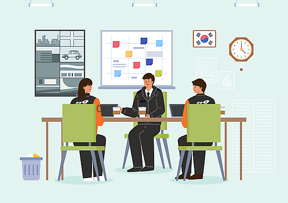 전신 PSD 여자 남자 커피 시계 하늘색 의자 일러스트 회의 앉기 성인 세명 태극기 소방관 책상 회의실 화이트보드 감시카메라 소방서 테이크아웃컵 성인만 국내일러스트 음료 가구 비즈니스 모션 사람 컵 파란색 카메라 국기 구조원 소방 파일형식