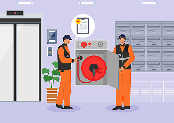 전신 PSD 식물 남자 화분 일러스트 서기 들기 성인 두명 보라색 우체통 오픈 복도 엘리베이터 소방관 체크표시 점검 소화전 서류판 소방기구 소방시설 소방용품 소방호스 성인남자만 국내일러스트 컬러 모션 사람 사무용품 기구 안전장비 구조원 소방 확인 시설 호스 남자만 성인만 파일형식