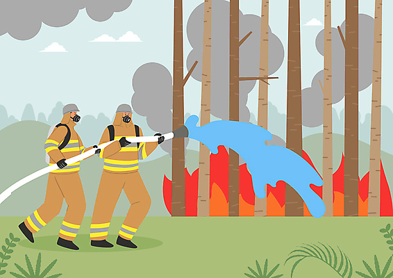 전신 PSD 나무 남자 일러스트 불 산 서기 들기 성인 두명 물 연기 소방관 소방 화재 산불 물뿌리기 방독면 소방용수 소방호스 화재진압 성인남자만 방호복 국내일러스트 자연요소 식물 옷 모션 마스크 사람 구조원 사건 호스 진압 남자만 성인만 파일형식