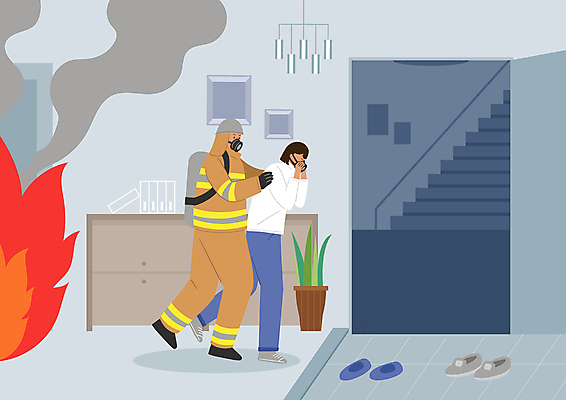 전신 PSD 여자 남자 화분 하늘색 신발 일러스트 불 성인 두명 계단 복도 구출 연기 소방관 현관문 화재 방독면 부축 착용 성인만 어깨에손 방호복 국내일러스트 자연요소 옷 모션 마스크 사람 파란색 문 도움 구조원 소방 사건 파일형식