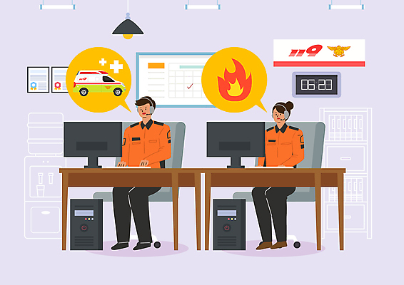 전신 PSD 여자 남자 말풍선 의자 일러스트 불 앉기 성인 두명 컴퓨터 보라색 헤드폰 응급 구급차 소방관 사건 책상 화재 통화 구조요청 소방서 접수 성인만 국내일러스트 자연요소 컬러 음향기기 가구 모션 자동차 사람 전자제품 긴급 구출 구조원 소방 파일형식