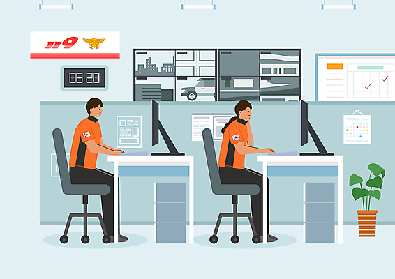 전신 PSD 응시 여자 남자 하늘색 의자 일러스트 앉기 성인 두명 컴퓨터 스크린 모니터 업무 소방관 책상 감시카메라 소방서 성인만 방재실 국내일러스트 시선 가구 모션 사람 파란색 전자제품 카메라 작업 구조원 소방 파일형식