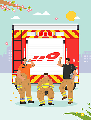 전신 PSD 식물 남자 하늘색 일러스트 서기 들기 앉기 성인 세명 손들기 파이팅 소방관 물병 영웅 소방차 119 물마시기 방화복 화재진압 성인남자만 방호복 국내일러스트 옷 모션 자동차 사람 파란색 마시기 구조원 소방 물통 화재 전화번호 진압 남자만 성인만 파일형식